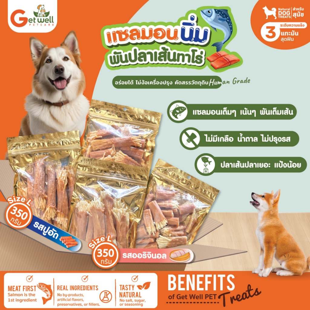 Get Well แซลมอนนิ่มพันปลาเส้นทาโร่ 350 g ขนมแทะเล่นขัดฟัน แพ้ไก่กินได้ สำหรับสุนัข