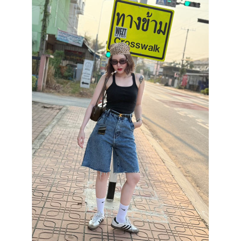 pmj06 กางเกงยีนส์ห้าส่วนทรงลำลอง