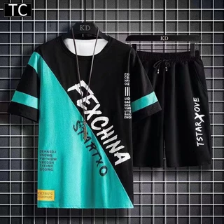 TC ชุดแฟชั่นชาย 2 ชิ้น เสื้อยืดแขนสั้น + กางเกงขาสั้น ชุดกีฬาและชุดพักผ่อนนุ่มสบายและระบายอากาศได้ดี รุ่น2816