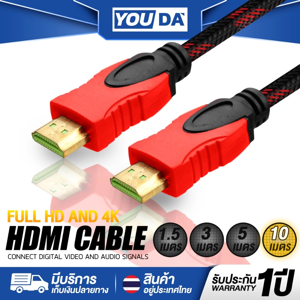 YOUDA สาย HDMI to HDMI รับประกัน 1ปี มีขนาด 1.5M/3M/5M/10M ให้เลือก สายถักอย่างดี YD-HDRB สายต่อจอ HDMI Support 1080P