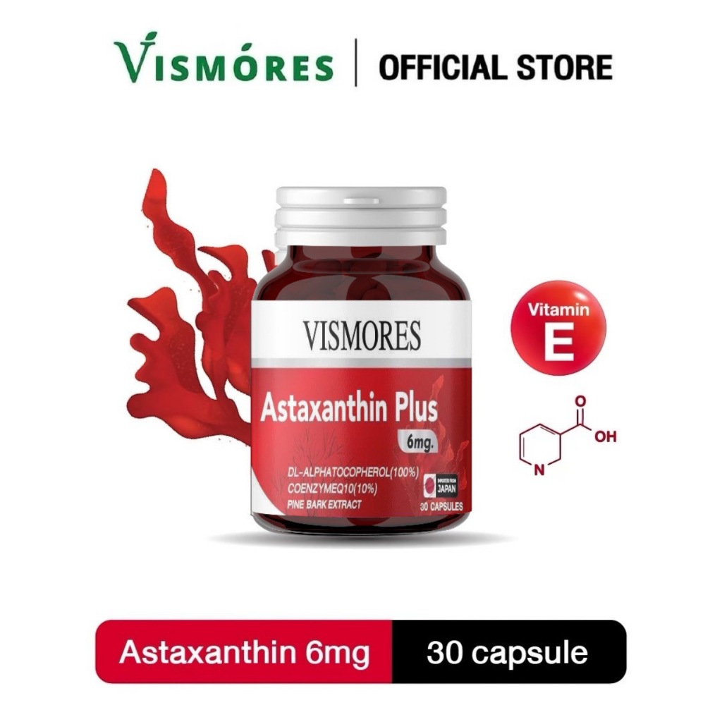 Astaxanthin Vismores 6 mg + CoQ10 30 แคปซูล l แอสตาแซนติน จากสาหร่ายสีแดง นำเข้าจากญี่ปุ่น