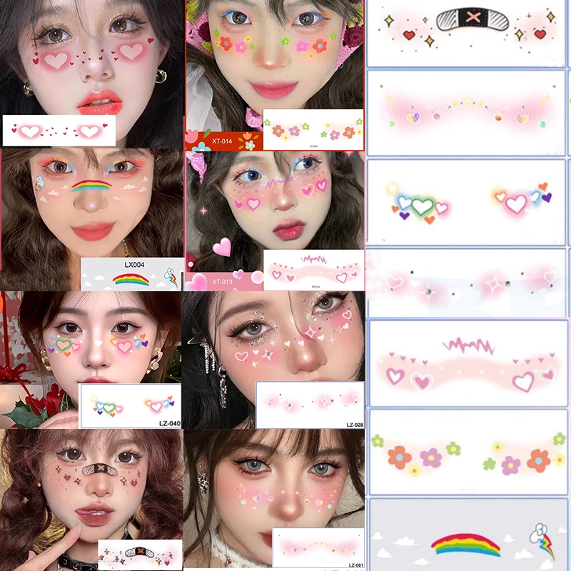 tattoo สติกเกอร์รอยสักชั่วคราว สติ๊กเกอร์หน้า ลายหัวใจน่ารัก สีสันสดใส แต่งหน้าน่ารัก สําหรับตกแต่งใบหน้า พร้อมส่งในไทย