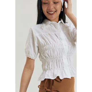 (เสื้อดีเทล Pleat Shirt)🧵 Womenแขนย่น จั๊มเอว สีขาว และดำ ไซส์ Freesize จาก Panchitar.official
