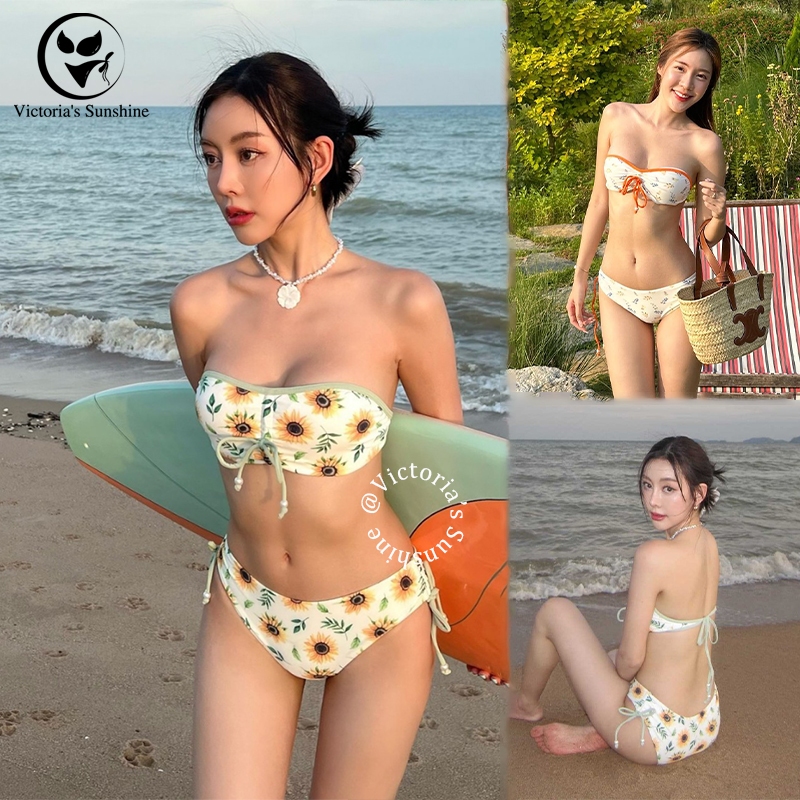 พร้อมส่งในไทย ชุดว่ายน้ำ บิกินี่ ทูพีช เกาะอก ลายดอก bikini set สองสี beach#0607