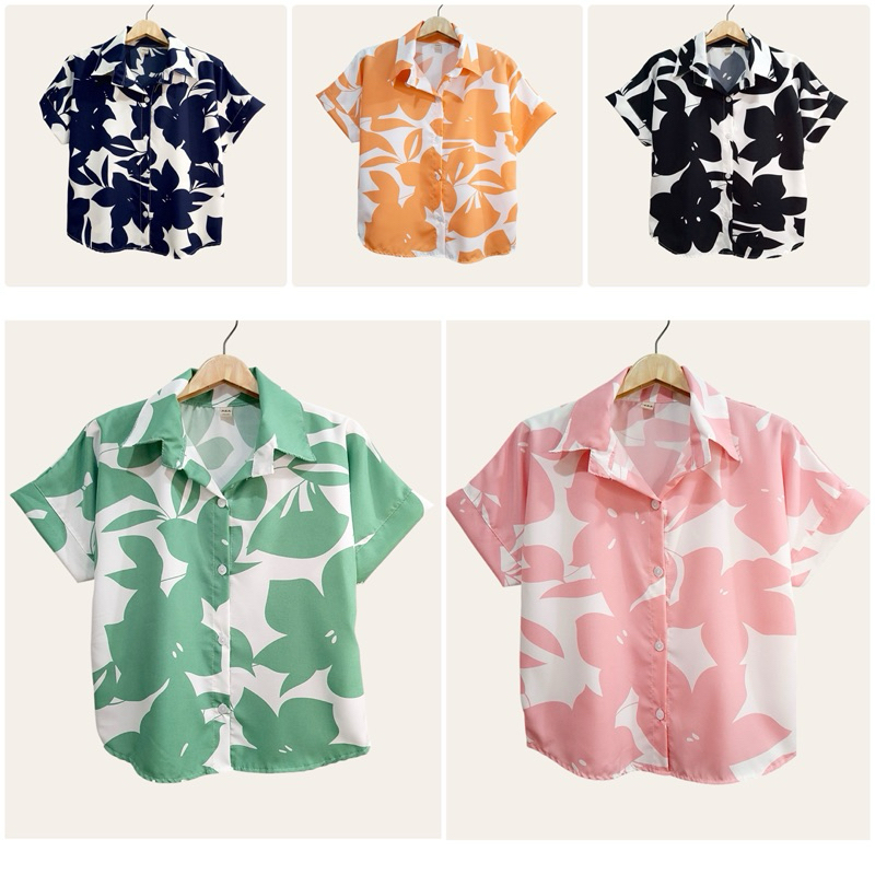 (อก 42”) เสื้อเชิ้ต เเขนสั้น ผ่าหน้า ลายดอก ผ้าไหมอิตาลี ไม่ต้องรีด