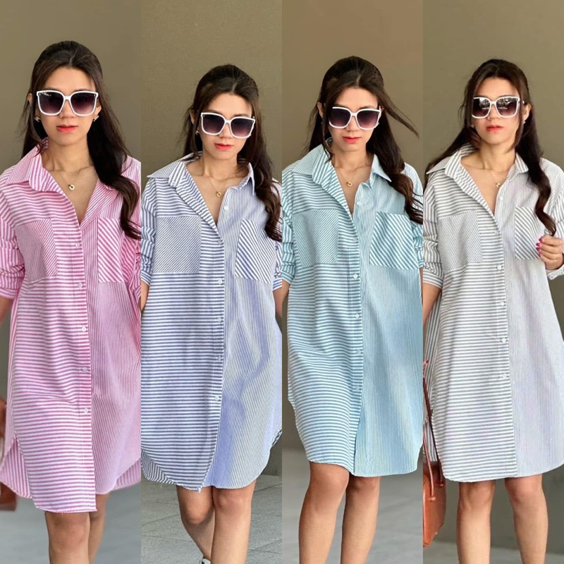 mini dress shirt เดรสเชิ้ต ลายริ้ว กระเป๋าหน้า