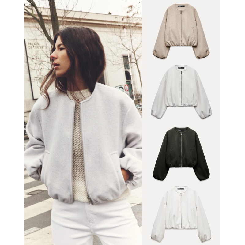 (ของแท้ ) Zara bomber jacket with pockets แจ็คเก๊ทซิปหน้า สีเทา ทรงแขนพอง