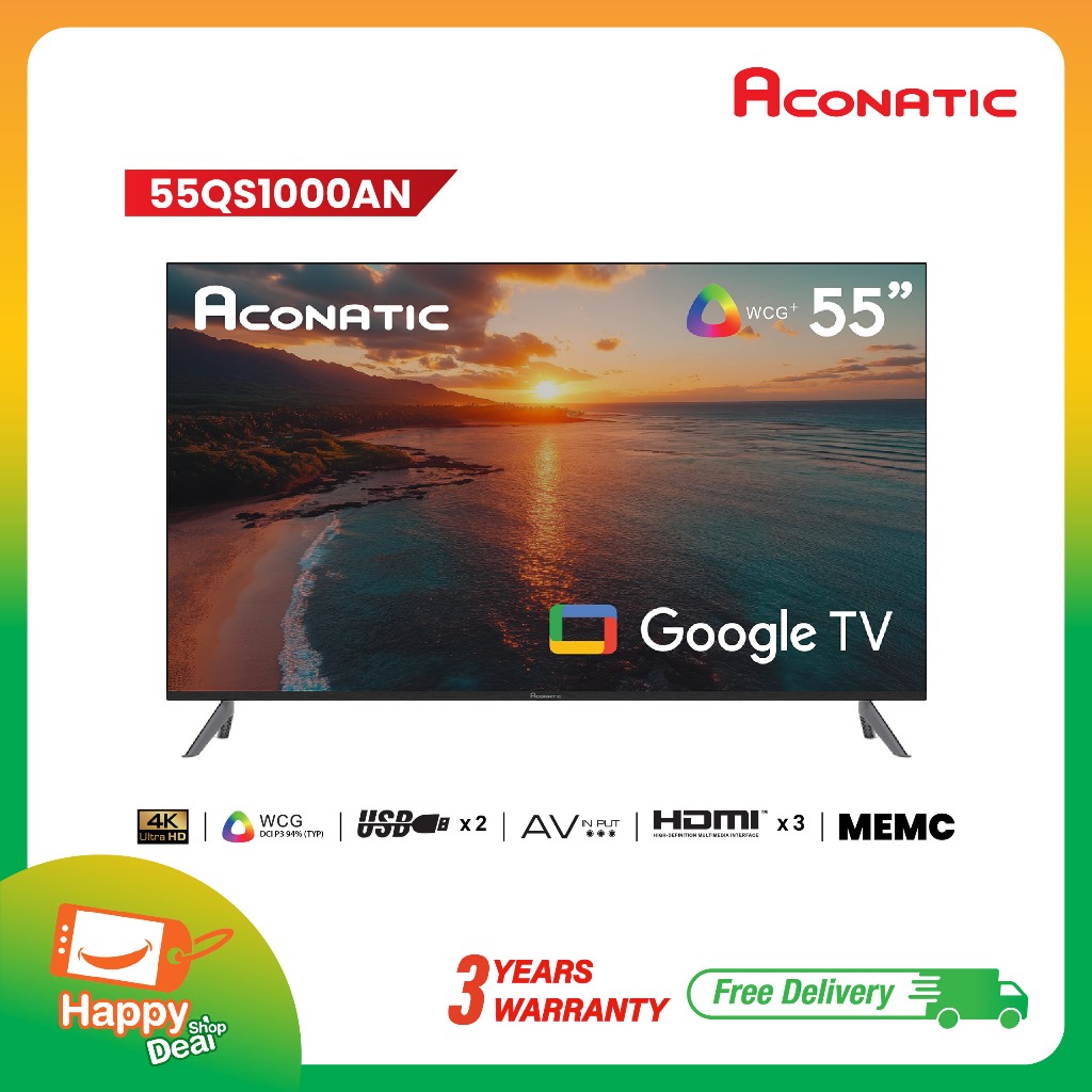 Aconatic ทีวี 55 นิ้ว QLED 4K Google TV รุ่น 55QS1000AN ระบบปฏิบัติการ Google/Netflix & Youtube, MEM