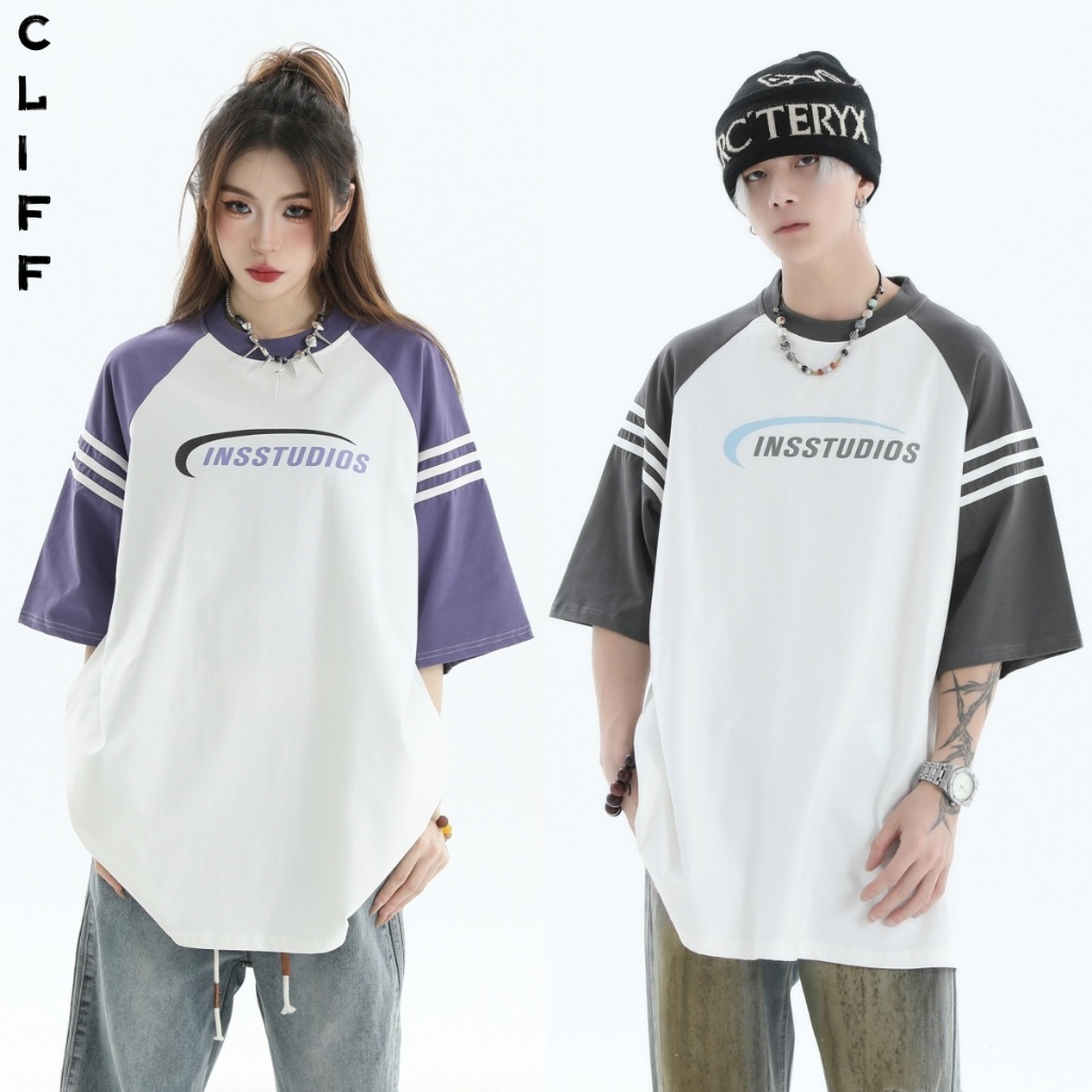 CLIFF หลายสีเย็บสีแขนสั้น ลำลองเข้าได้กับทุกชุด ชุดคู่รักกีฬา oversize