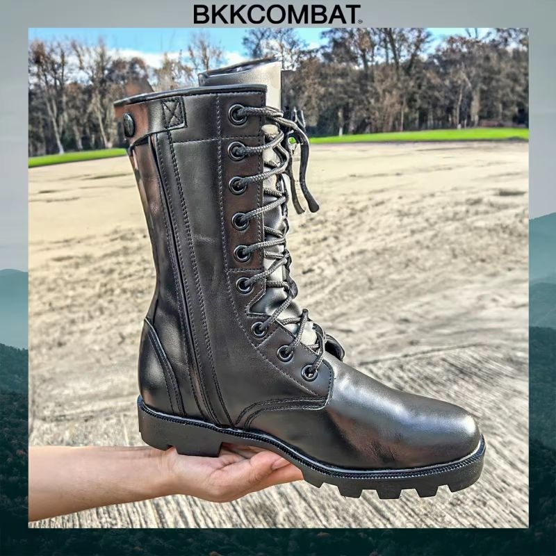 คอมแบท bk009S ซิป พื้น อส. สูง10นิ้ว หนังวัวแท้ หนังนิ่มขัดเงา ทรงหัวแหลมแนะนำใส่ +1ไซส์
