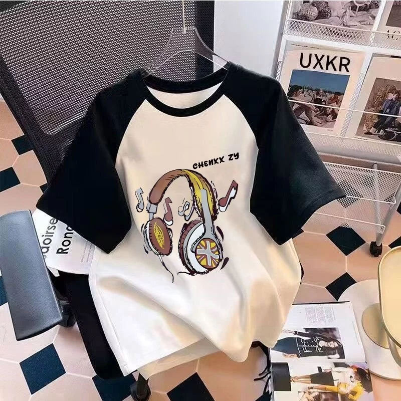 เสื้อยืดสวยๆผู้หญิงที่กําลังฮิต  oversize เสื้อผ้าแฟชั่นไซส์ใหญ่น่ารัก เสื้อโอเวอร์ไซส์เกาหลี สีทูโทน พิมพ์ลายวินเทจ thumbnail 7