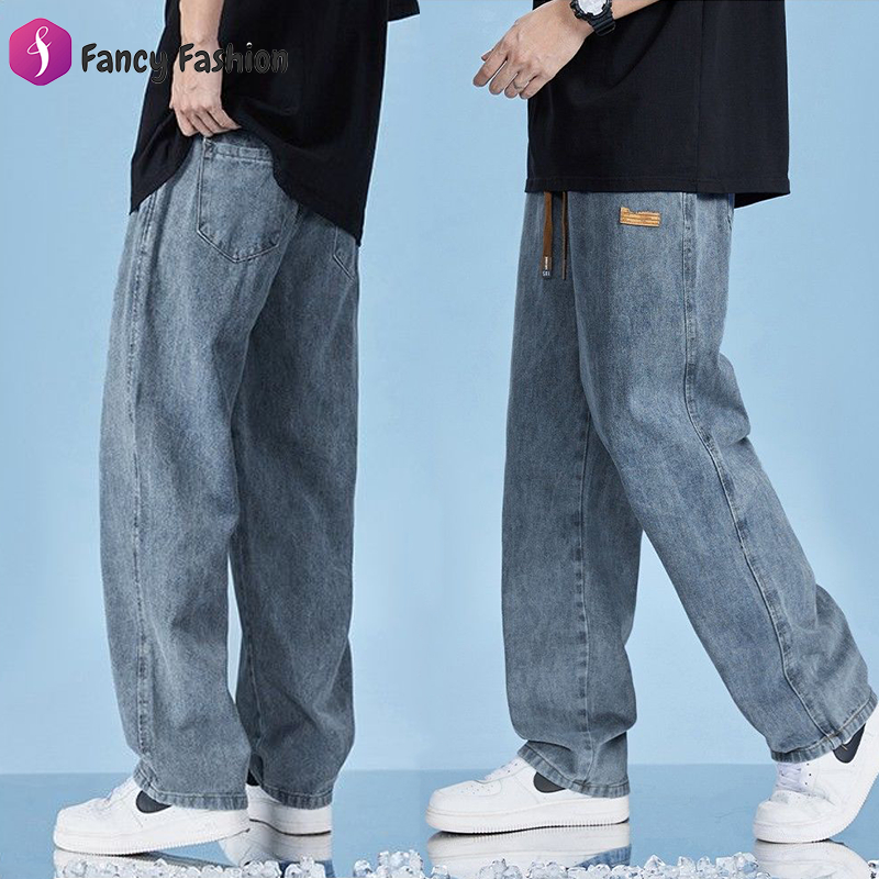 Fancy Fashion กางเกงยีนส์ยาวชาย ทรงกระบอกเอวสูง ใส่สบาย เอวยางยืด ปรับเอวด้วยเชือก เท่ๆเข้ากับทุกแนว