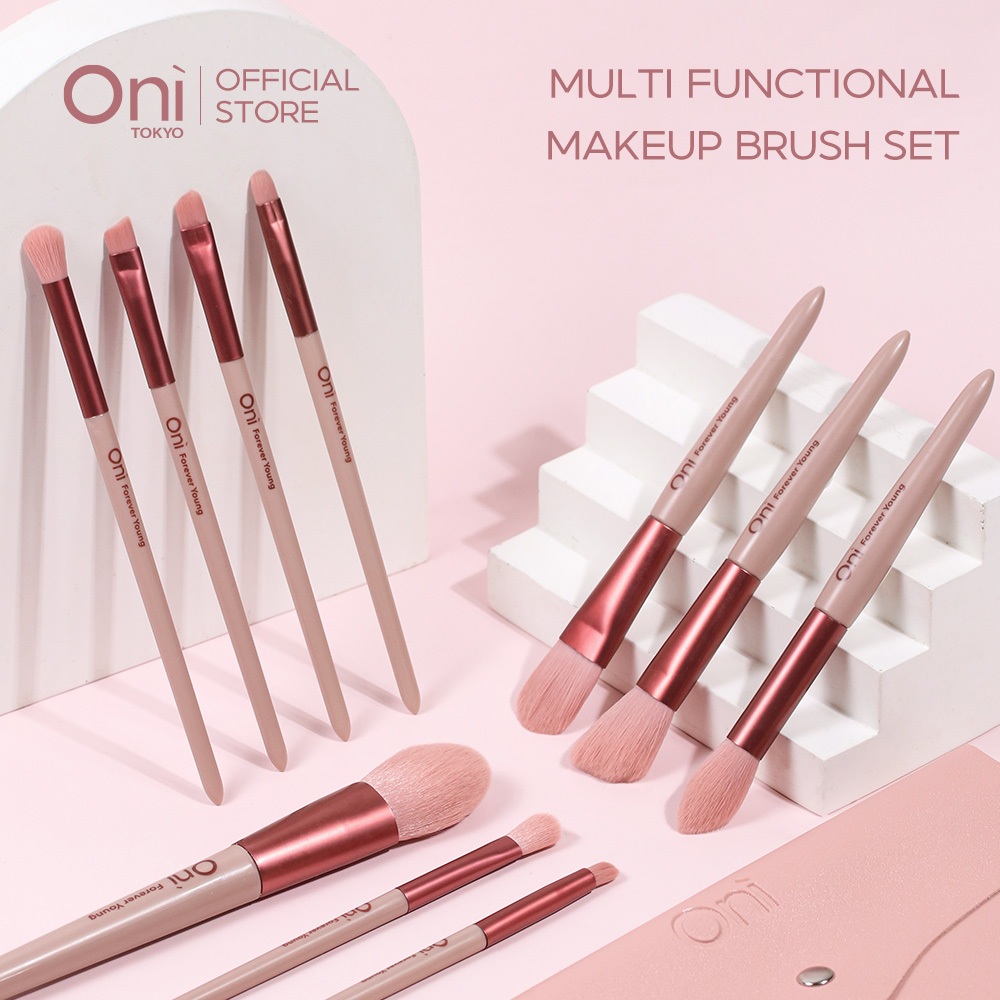 Oni แปรงแต่งหน้า 10 ชิ้น Professional Brush Set Rose Smoky Soft Powder Foundation Face Eye Brow Shadow