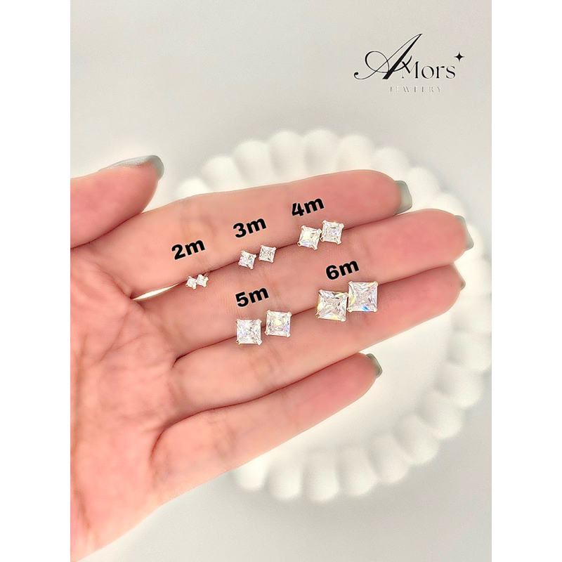 Amors jewelry : ต่างหูเพชร CZ สี่เหลี่ยม เงินแท้ 925 (ราคา 1 คู่)