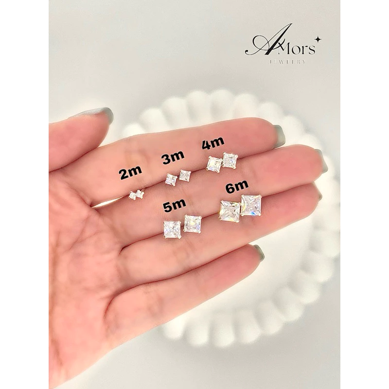 Amors jewelry : ต่างหูเพชร CZ สี่เหลี่ยม เงินแท้ 925 (ราคา 1 คู่)