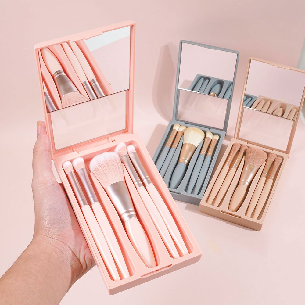 Oni Macaron Mirror Makeup Brush Set 5 Pcs ชุดแปรงอ แปรงแต่งหน้าพร้อมกล่องแก้วมัลติฟังก์ชั่น นุ่ม และสะดวกสบาย