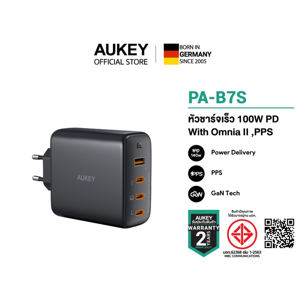 AUKEY PA-B7S หัวชาร์จเร็ว 100W Omnia II Series With GaN3 Tech สำหรับ iPhone,Android,Laptop เทคโนโลยี