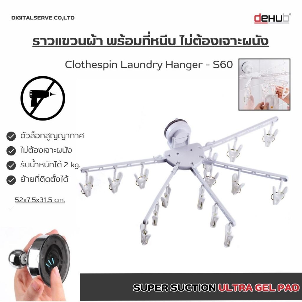 DeHUb ที่แขวนเสื้อ ชนิดพลาสติก 5 ก้าน พร้อมไม้หนีบ10 ตัว ติดผนัง ติดกำแพง ตัวล็อคสูญญากาศ