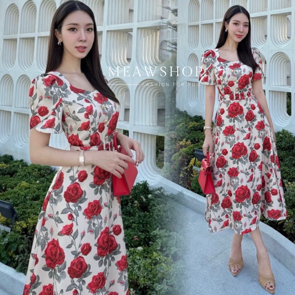 เดรส+เข็มขัด S-2XL ชุดออกงาน ชุดไปงาน เดรสลายดอก ชุดไปเดท ชุดไปเที่ยว ชุดสาวอวบ ชุดไปทะล วินเทจ ดอกกุหลาบ 364-1 cv