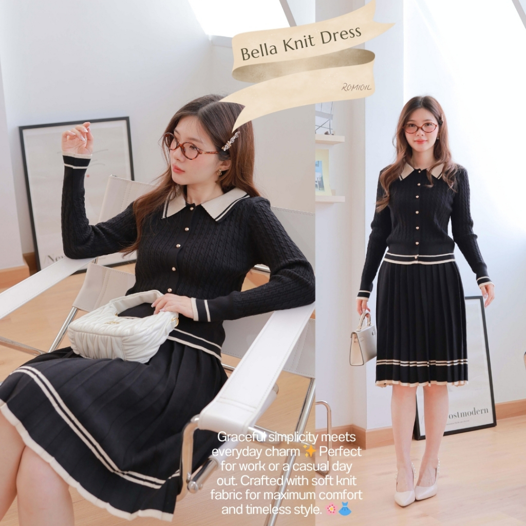 "Romi"Oil" Bella Knit Dress (Black) J548 ชุดเซ็ทสีดำ (แขนยาวกระดุมทอง+กระโปรงพลีท)