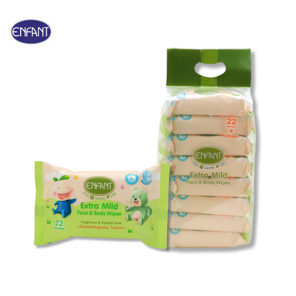 ENFANT (อองฟองต์) Extra Mild Face & Body Wipes ผ้าเช็ดทำความสะอาดแบบเปียก สูตรน้ำแร่บริสุทธิ์ 1แพ็ค/8ห่อ 22แผ่น/ห่อ