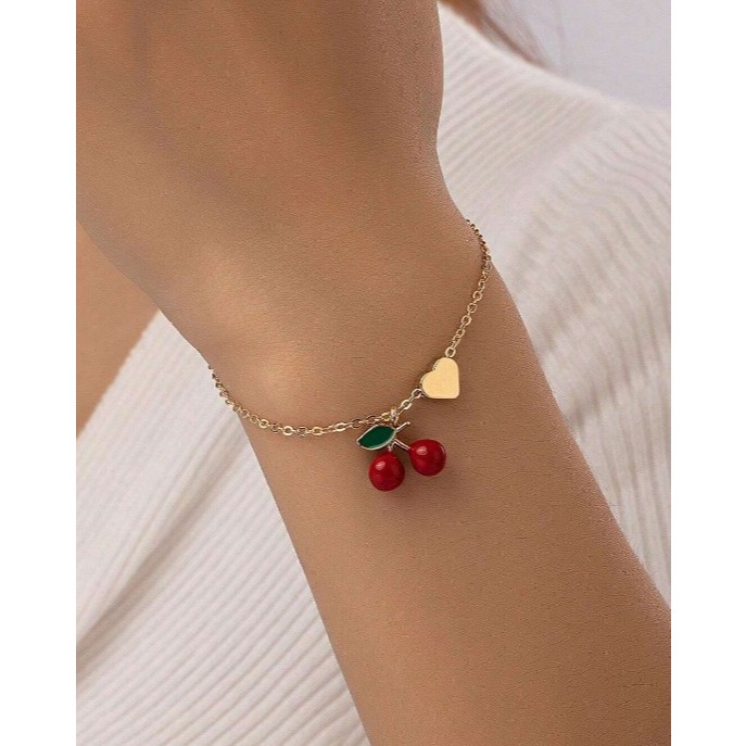 mija.stories - me love cherry bracelet กำไลข้อมือสแตนเลส แต่งด้วยจี้เชอร์รี่และหัวใจ