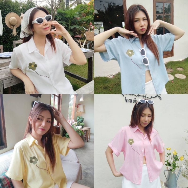 เสื้อคอปกผ้าคอตตอนเนื้อบาง นุ่ม ใส่สบาย ปักลายดอกไม้(new)