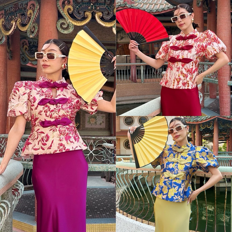 9918-5-1-2-3-4🧧New Arrival🧧 CN TOP PUFF SLEEVE สวยตระโกน ราคากระซิบ เสื้อคอจีนโบว์หน้าแขนพองจัมพ์เอว