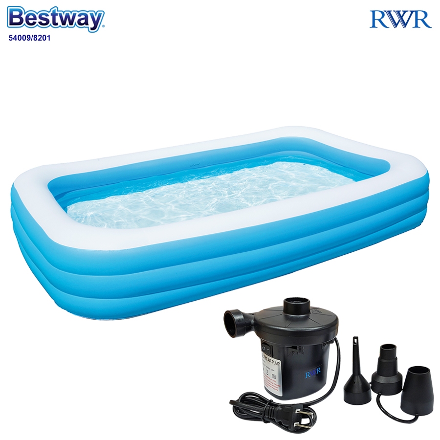 Bestway ส่งฟรี สระน้ำสี่เหลี่ยมสีฟ้า 3.05x1.83x0.56 ซม. รุ่น 54009/58484 + ที่สูบลมไฟฟ้า