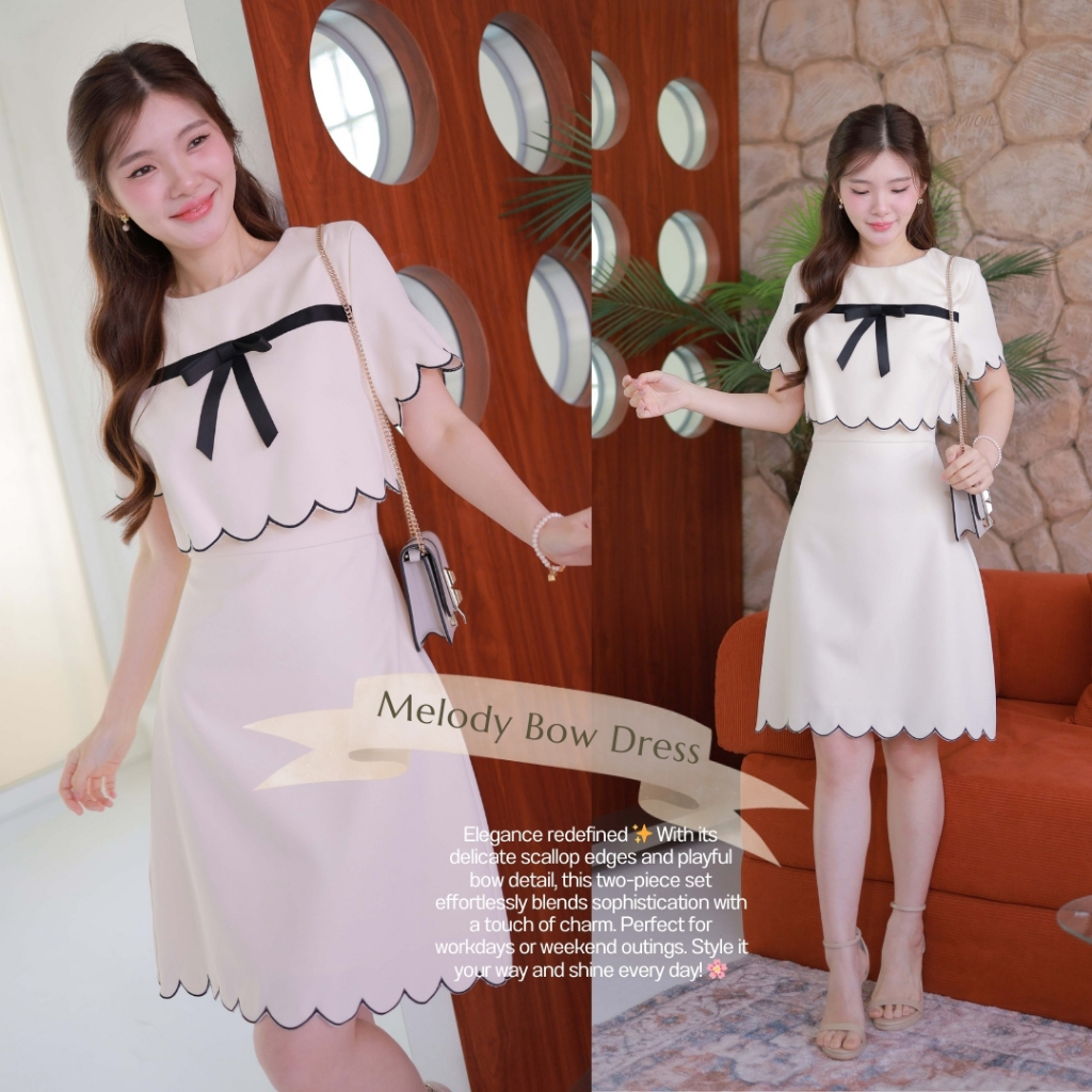 Romi"Oil" Melody Bow Dress (Black) J527 ชุดเดรสสีครีม (สีพื้นระบายโค้งแต่งโบว์หน้าอก) (ความยาวชุด 37 นิ้ว)