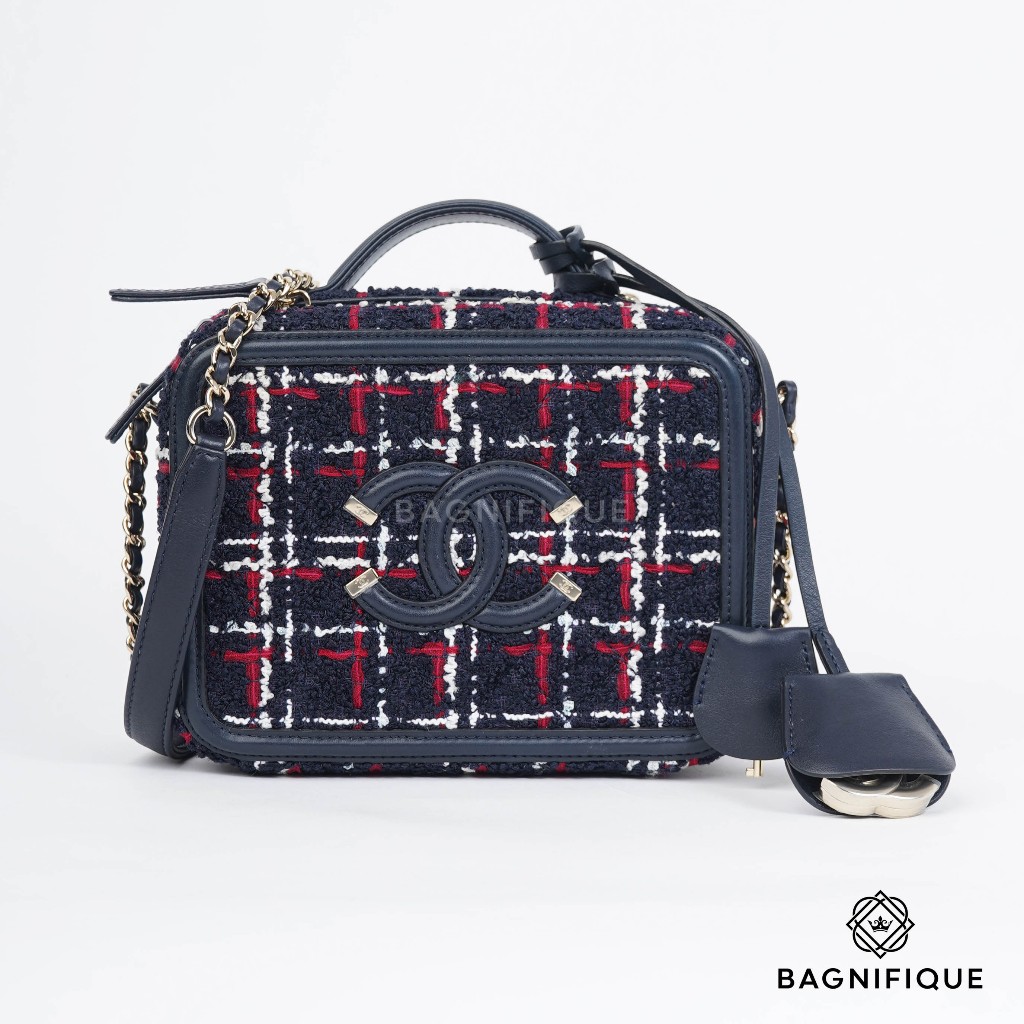 C H A N E L VANITY BAG 7.5" NAVY RED TWEED GHW