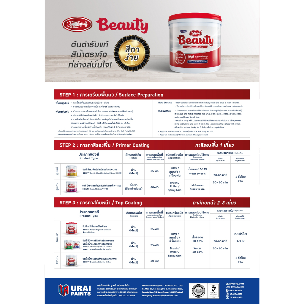 (ถังใหญ่)แม่สีน้ำพลาสติก Beauty EMULSION PAINT FOR EXTERIOR แม่สีน้ำ บิวตี้ ขนาดถัง(18ลิตร) ทุกเฉดสี - รูปที่ 3