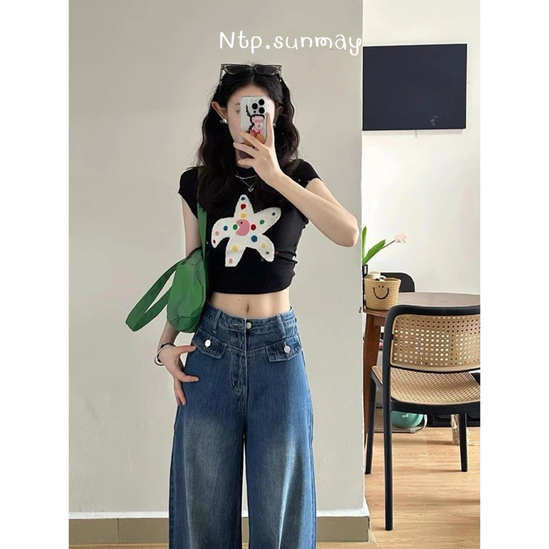 Ntp: “ เสื้อแฟชั่น เสื้อครอป เสื้อครอปสีดำ เนื้อผ้าคอตตอน “ ดีเทลจะมีลายปลาดาวจุดอยู่กลางเสื้อ ลายชั