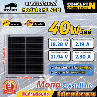 แผงโซล่าเซลล์ BYZON 18V 10W 20W 30W 40W 50W MONO พร้อมสายคีบแบต Solar Cell โซล่าเซลล์ Solar Panel กันน้ำ ประกัน 3 เดือน