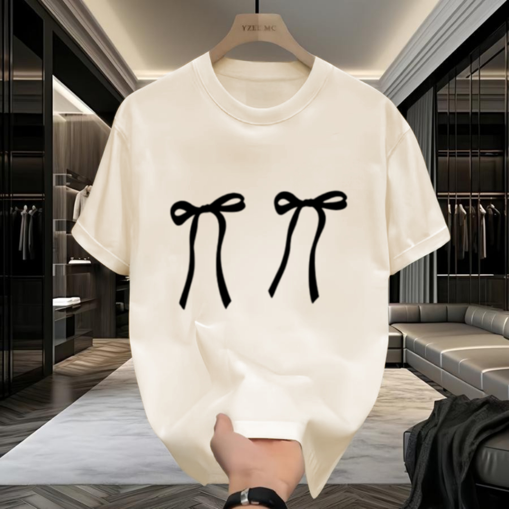 เสื้อยืดลายโบว์ แขนสั้น คอกลม สีพื้น แฟชั่นผู้หญิงน่ารักมากกๆ สไตล์เกาหลี