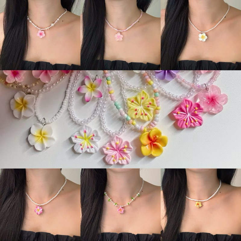 (Ready to Ship🇹🇭) Cute Beaded Flower Necklace with Hibiscus Charm – Y2K Beach Style - สร้อยลูกปัดดอกชบา ดอกลีลาวดี 🌺 🌸✨💘