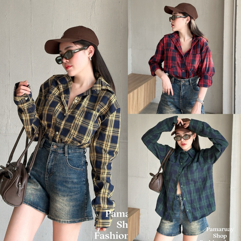 🔆Sunny🔆เสื้อเชิ้ตลายสก็อตแขนยาว ทรงOversize อก 46“🔥ใส่ได้ทุกเพศ‼️5สี
