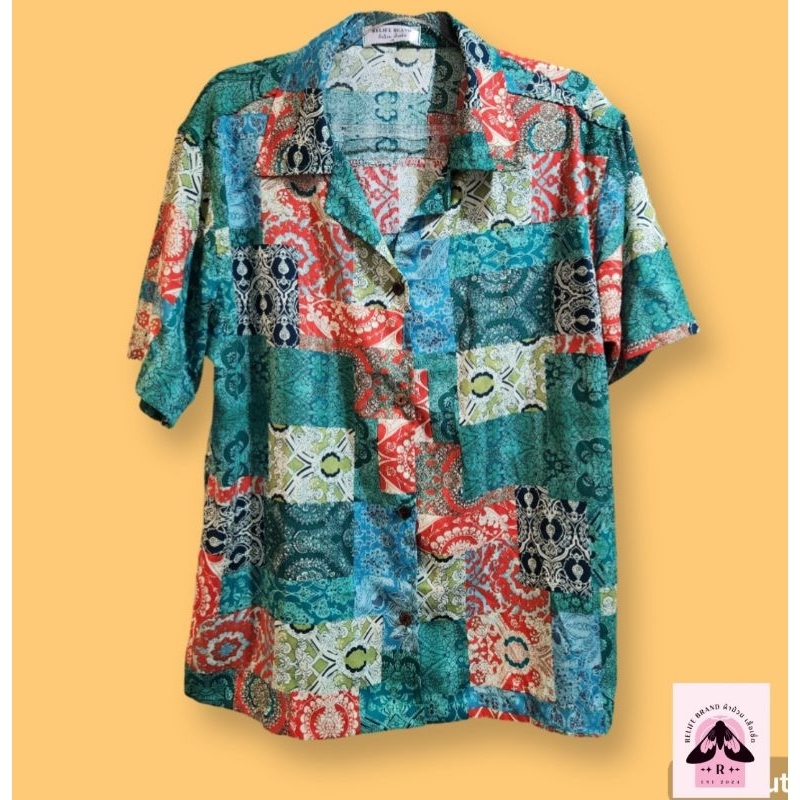 เสื้อฮาวาย ลายตัดปะสุดเก๋ ผ้าสปันเรย่อน เสื้อใส่เที่ยว ใส่ได้ทั้ง ช ญ