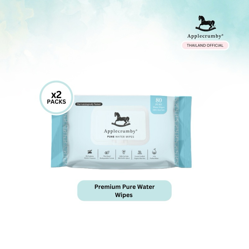 Applecrumby Pure Water Wipes กระดาษทิชชู่เปียก รุ่นเพียววอเตอร์ 80 ชิ้น x2 ทำความสะอาดช่องปากเด็กได้