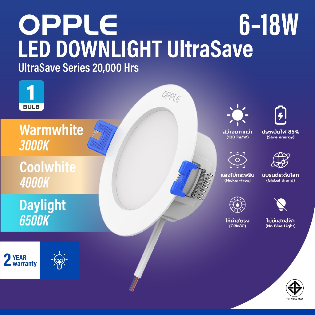 OPPLE | LED Recessed Downlight UltraSave โคมไฟดาวน์ไลท์ฝังฝ้า 6W/9W/12W/18W 20000 ชม แสง 3 สี 3.5/5/