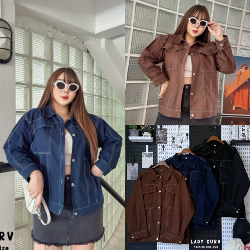 LC เสื้อแจ็คเก็ตสไตล์เท่ๆ แต่งด้ายขาวสลับสี เนื้อผ้ายีนส์คัตตอลทรงสวย ไซส์ใหญ่ สาวอวบ