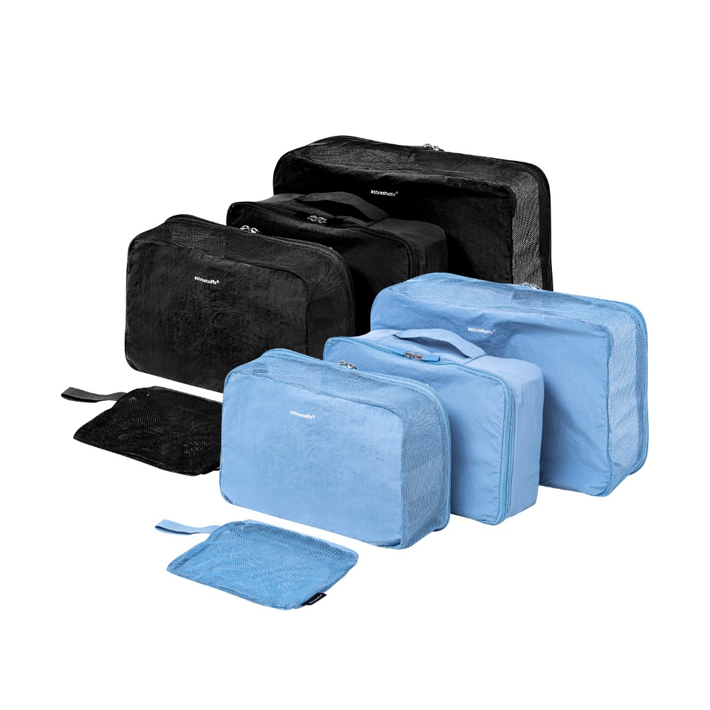 PACKING CUBES (Polyester and recycled nylon packing cubes.)