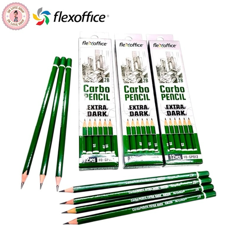 ดินสอดำ 2B Flexoffice ดินสอ (12แท่ง) ด้ามไม้เนื้ออ่อนเหลาง่าย ไม่เป็นขุย เขียนนุ่มลื่น