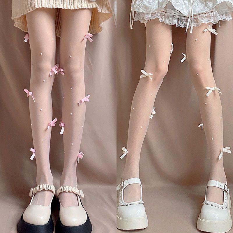 พร้อมส่งในไทย🩷 ถุงน่องเม็ดมุก โบว์กำมะหยี่