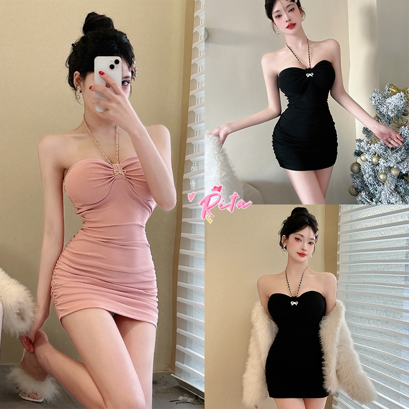 Rita พร้อมส่ง ชุดเดรสสั้น เดรสรัดรูป เสื้อคล้องคอเซ็กซี่ผู้หญิง แกาะอก ชุดไปทะเล ดูแพง สไตล์เวียดนาม ชุดเข้ารูป