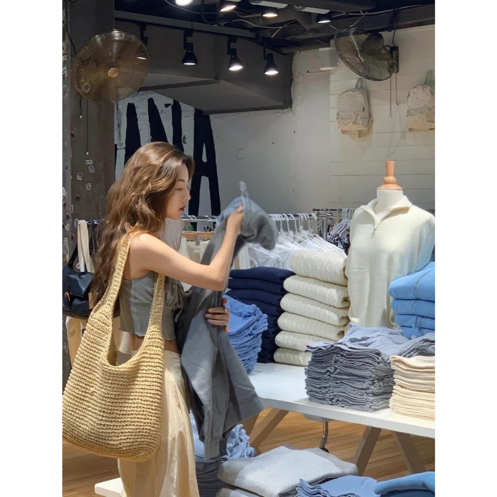 สไตล์เกาหลีใหม่กระเป๋าสาน กระเป๋าถัก hobo BAG ทรงย่าม มัซับใน(จัดส่งจากประเทศไทย)