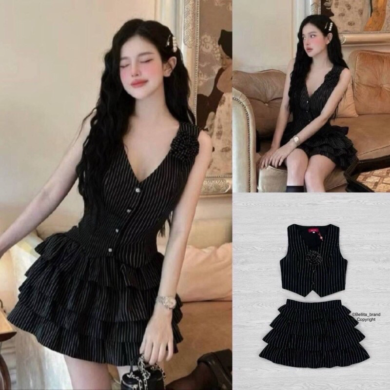 ♥️พร้อมส่ง XS♥️ป้าย Bellita ชุดเซ็ท 3 ชิ้น ลายริ้วสีดำ