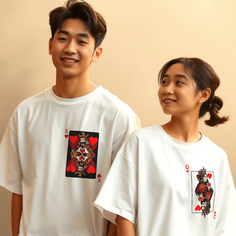 เสื้อยืดคู่รัก King & Queen of love แบรนด์ Vibeon ทรงโอเวอร์ไซต์คอกลมผ้าคอตตอนพรีเมี่ยม 100%