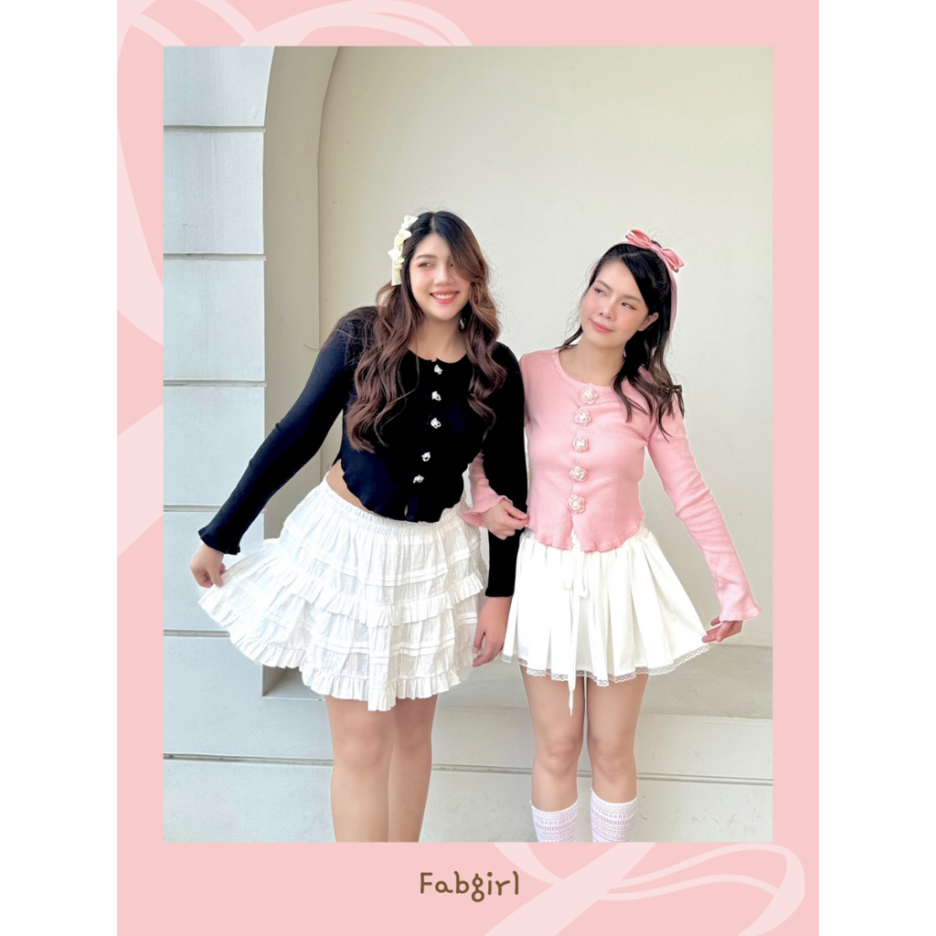 FABGIRL : VL25-036 Love blossom top เสื้อแขนยาว ผ้านิตติ้ง ผ้ายืด แขนระบาย (ขาวครีม ชมพู ดำ)