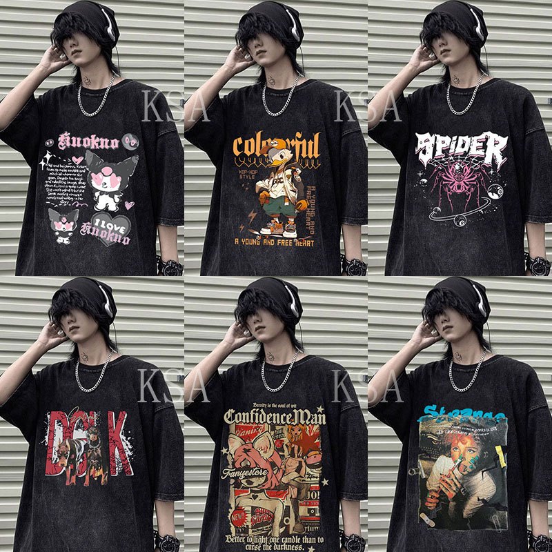 เสื้อฟอกวินเทจผู้หญิงเท่ๆ oversize ผ้าฝ้าย 100%เสื้อผ้าแฟชั่นสไตล์เกาหลี สไตล์ฮิปฮอป เสื้อยืดคู่กับแฟนไซร์ใหญ่ชายหญิง
